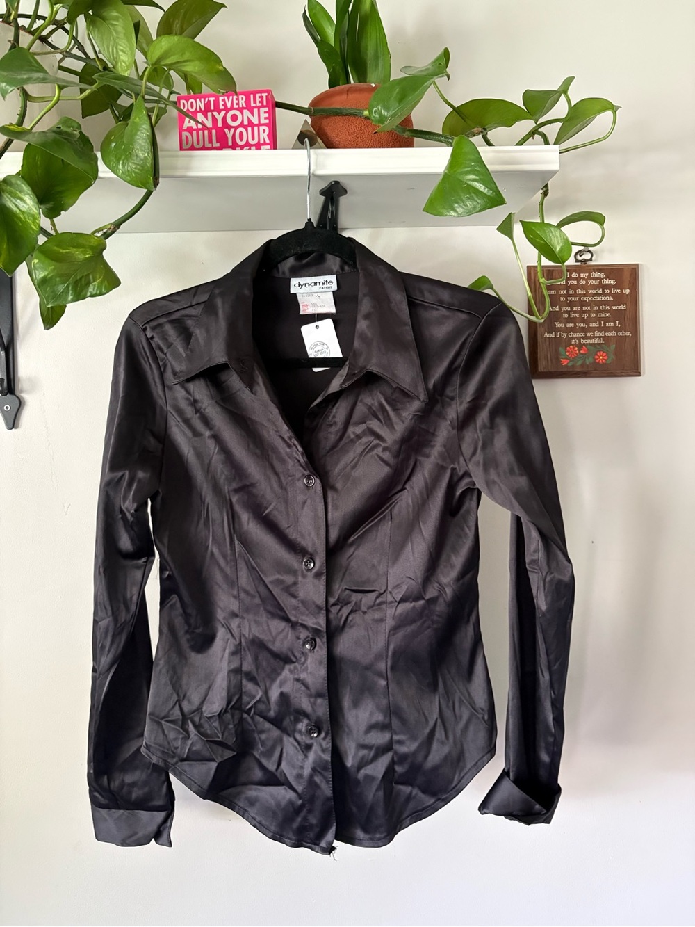 Dynamite Black Satin Button-Down Blouse